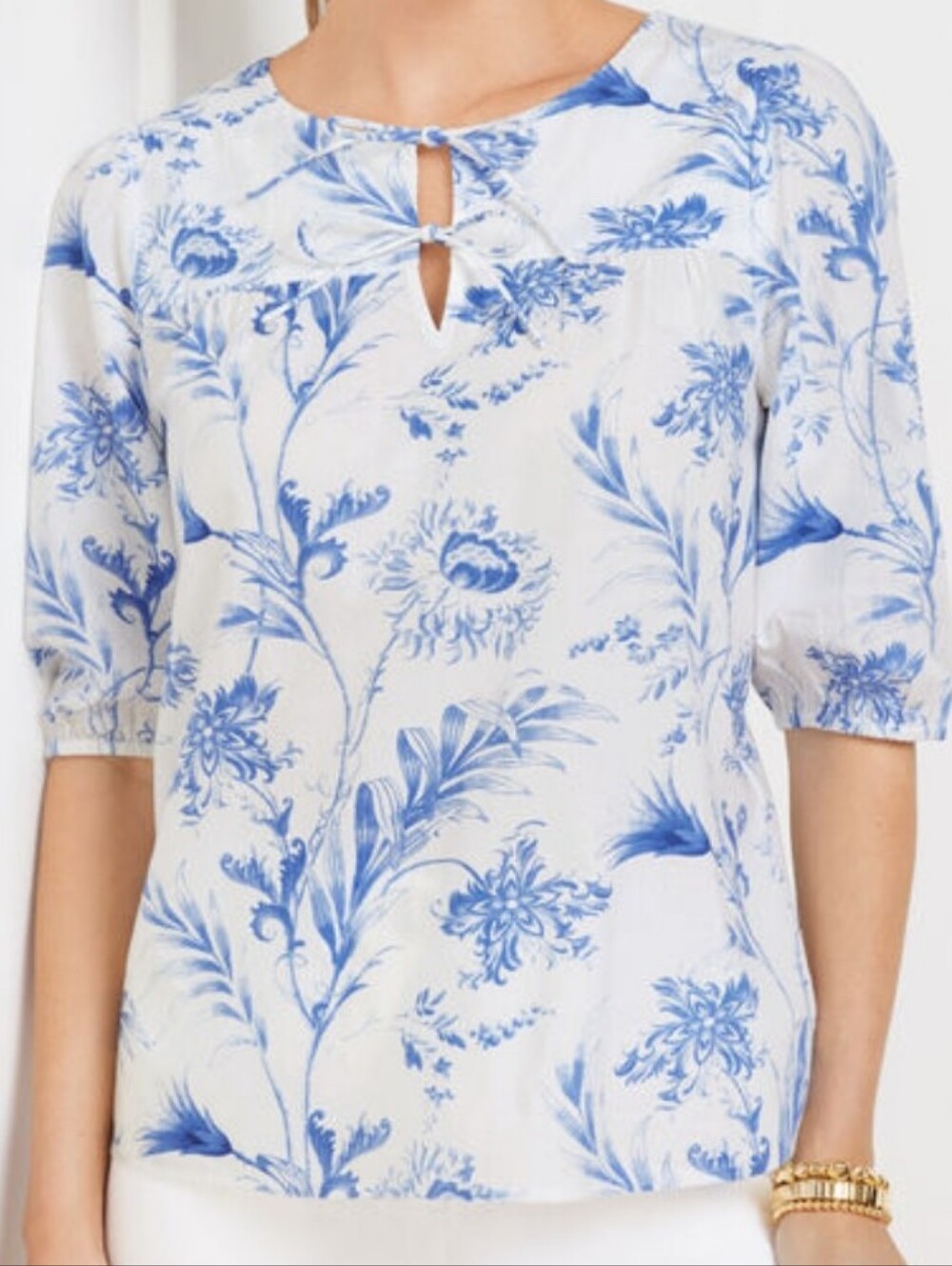 Talbots Ocean Flora White and Blue Floral Print Tie Neck Blouse Size XL Petite